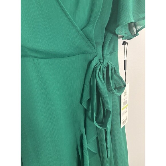 CALVIN KLEIN Kelly Green Ruffle Wrap Dress Women 4 Flutter Sleeve Midi Chiffon - Picture 7 of 16